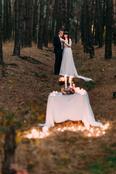 秋天的浪漫之夜森林 picknick 点着蜡烛。幸福的新婚夫妇庆祝他们的婚姻 — 图库照片