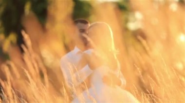 Genç güzel düğün çifti çimen bir alana sarılma kulaklı. Arka plan üzerinde harika gün batımı