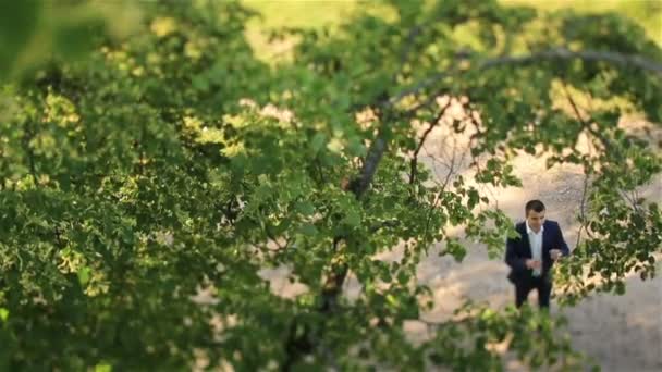 Возбужденный молодой жених, стоящий рядом с зеленым деревом в лесу и скрывающий лицо в руках. Вид сверху — стоковое видео