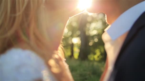 Krásná blondýna nevěsta a pohledný ženich se něžně líbat navzájem během velkolepý západ slunce — Stock video