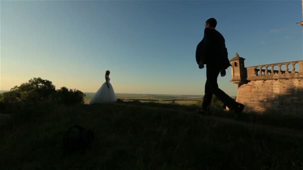 Casal romântico bonito do casamento, noivo e noiva abraçando perto do castelo velho no por do sol — Vídeo de Stock