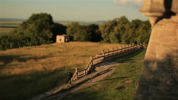 Glücklicher junger Bräutigam, der allein in der Nähe des alten schönen Renaissanceschlosses spaziert. — Stockvideo