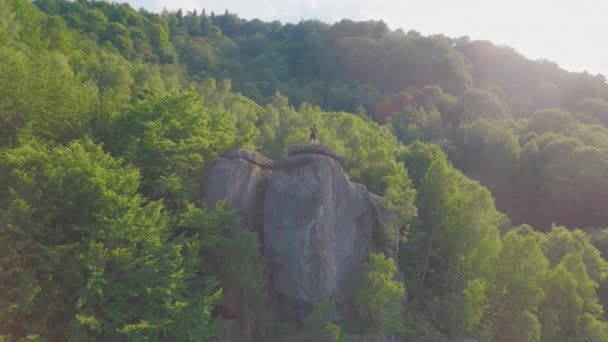 Knappe sportieve jongeman met naakte torso poseren op de rots omgeven door groene bossen bergen — Stockvideo