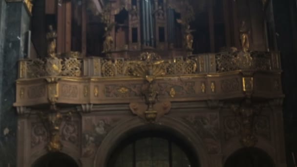 Ancient iconostasis in the old church close up — Stock Video