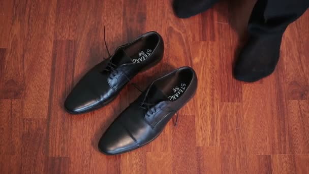Groom wears his black shoes close up — Stock Video