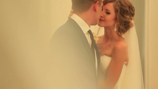 Beautiful young couple standing and talking after the ceremony — Stock Video