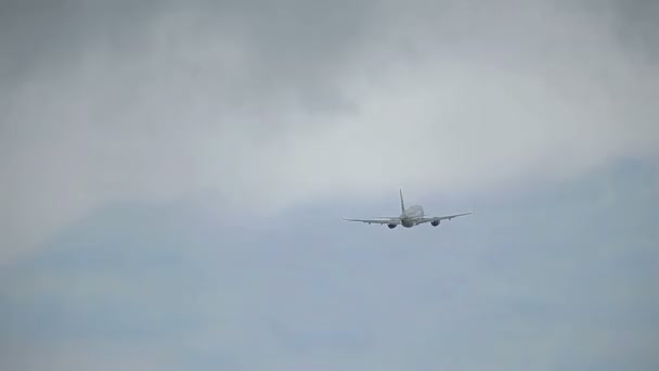 Avión de pasajeros a distancia que se va de viaje. Cielo gris nublado y bosque como fondo — Vídeos de Stock