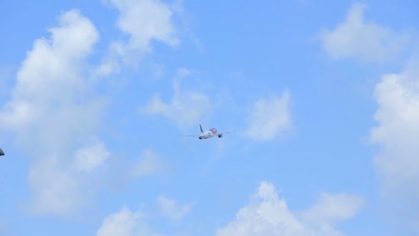 White and purple passenger airliner flying away. Clouded blue sky and forest as background — Stock Video