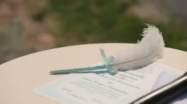 Blue ribbon ve tablo açık havada düğün sertifika ile dekore edilmiş beyaz kuğu tüy kalem,