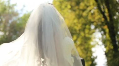 Mutlu yeni evliler birlikte eğleniyor. Zarif damat gelin peçe ve onlar ile her iki gülüyor çalış. Açık yaz park ile arka plan olarak vurdu.