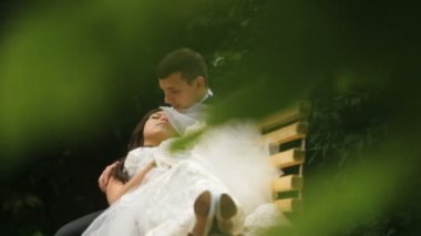 Mutlu yeni evliler yeşil güneşli parkta bankta aittir. Damat sevgiyle yeni hanımları yüzünü dokunur