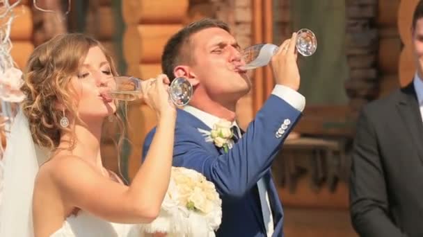 Heureux mariés boit champagne sur leur célébration de mariage — Video