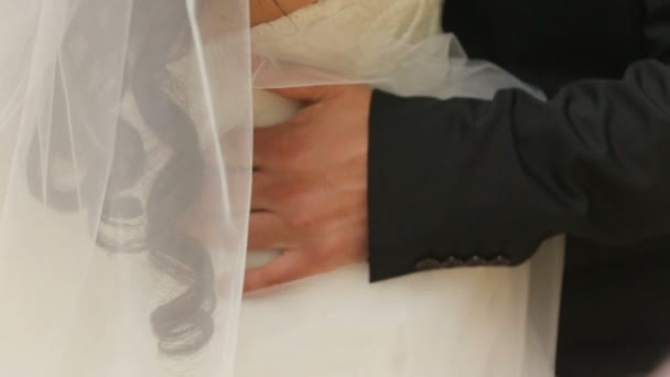 陽気な新婚夫婦を受け入れ、彼らは今結婚しているを実現します。屋外の背景として夏の公園で撮影 — ストック動画