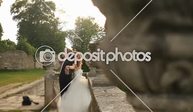 Oynak çift holding birlikte eller ve eski yıkık korkuluk Park yakınındaki kisses