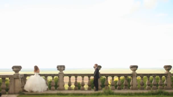 Αγαπώντας γαμπρός βαδίζει μέχρι την όμορφη νύφη στο πράσινο γκαζόν κοντά στο παλιό πέτρινο κιγκλίδωμα και embaces της με φιλί — Αρχείο Βίντεο