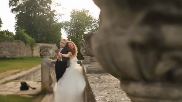 Verspieltes Pärchen hält Händchen und küsst alte Brüstung im Park — Stockvideo