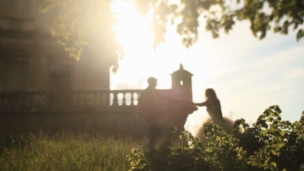 Hermosa novia en vestido blanco cogida de la mano del novio guapo cerca del romántico palacio vintage en cálidos rayos de la puesta del sol — Vídeo de stock