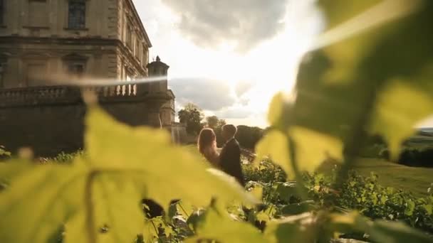 Beso romántico de pareja recién casada en el parque del atardecer cerca del palacio barroco vintage — Vídeos de Stock