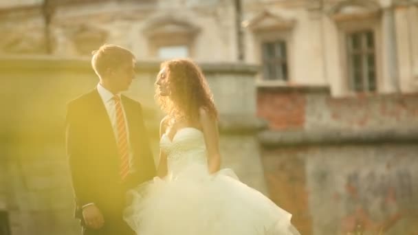 Romantischer Kuss eines wunderschönen Brautpaares im sonnigen Park in der Nähe des historischen Barockschlosses — Stockvideo