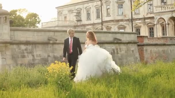 Felices recién casados encantados pasean por el césped verde cerca del antiguo palacio barroco sosteniendo sus manos juntas — Vídeo de stock