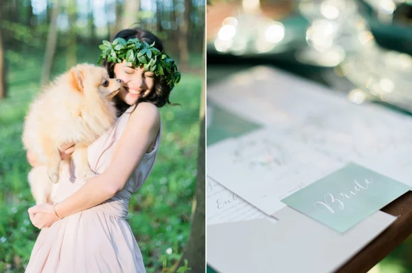 Collage foto di momenti di nozze carino. Bella giovane sposa in posa nella foresta estiva con un piccolo cucciolo. Cartoline di nozze rustiche primo piano — Foto Stock