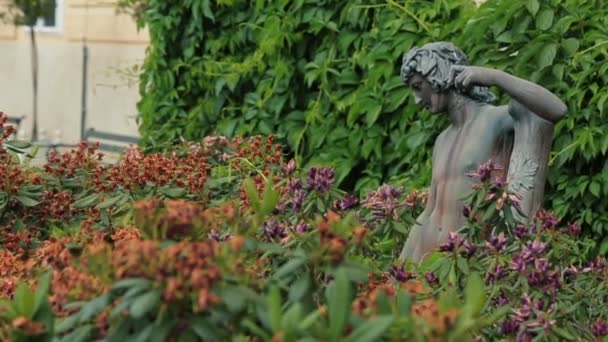 Een standbeeld van de antieke mens door boom bekleed steegje op de groene tuin achtergrond — Stockvideo