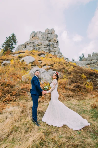 Guapo novio en elegante traje azul de la mano de su encantadora novia vestida de blanco en idílico paisaje rocoso como fondo — Foto de Stock