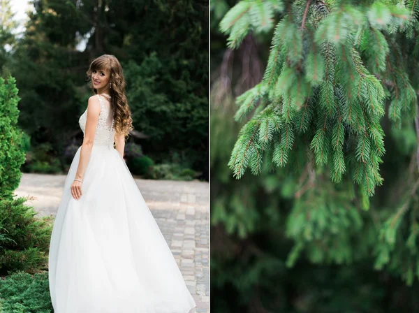 Zblízka zasněný krásný brunet nevěsty chodit sama v parku těší vítr vlna a tanec — Stock fotografie