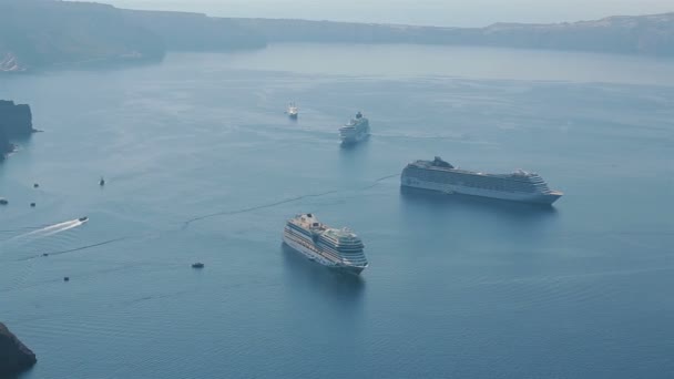 Beautiful sea landscape, ship sailing on the distance on great majestic mountains background — Stock Video