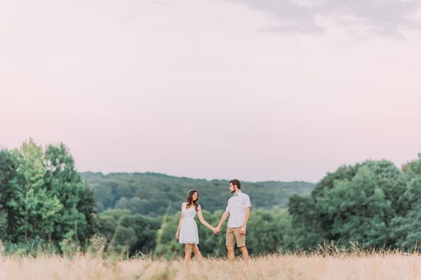 Joven pareja feliz y elegante de pie en el campo de verano. Bosque verde sobre fondo — Foto de Stock