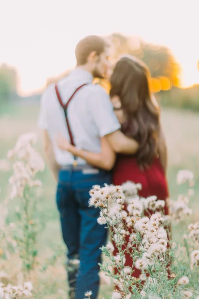 Attraktives junges glückliches Paar, das bei Sonnenuntergang auf dem schönen Sommerfeld spaziert. zurück — Stockfoto