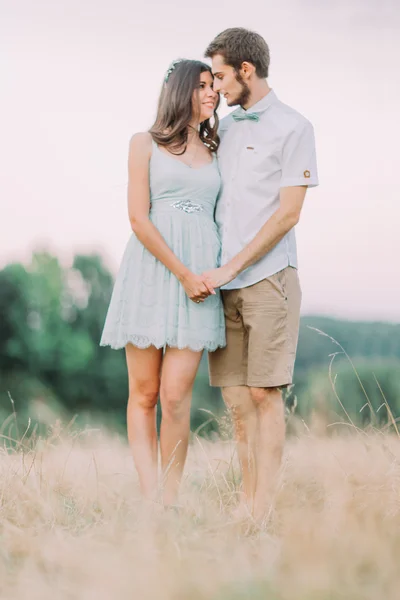 Junges glückliches stilvolles Paar, das sich auf dem Sommerfeld umarmt. Grüner Wald im Hintergrund — Stockfoto