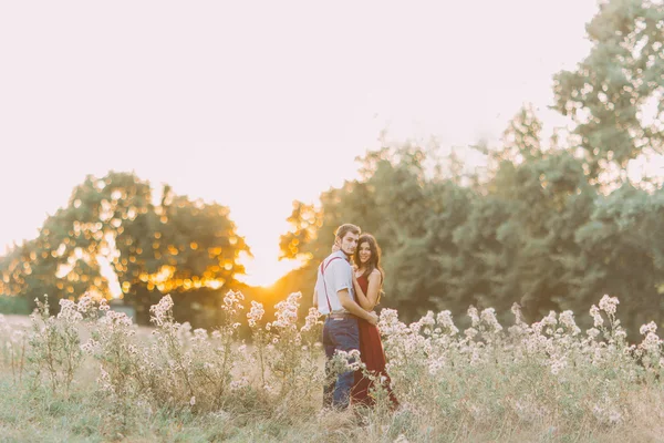 Atraente jovem casal feliz abraçando no belo campo de verão ao pôr do sol — Fotografia de Stock