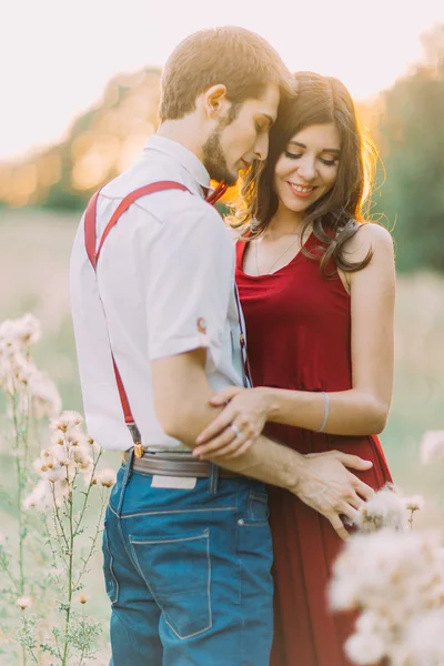 Atraente jovem casal feliz abraçando no belo campo de verão ao pôr do sol — Fotografia de Stock