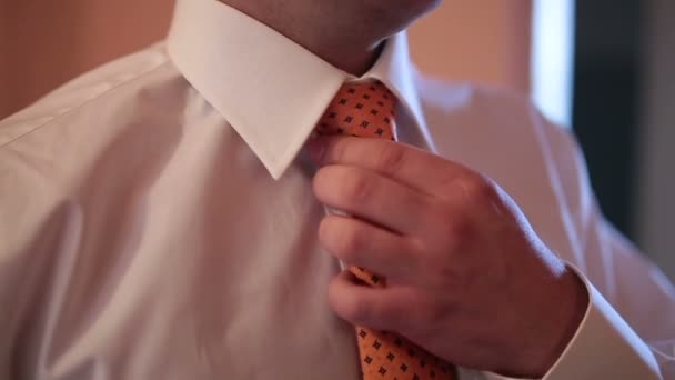 Bruidegom corrigeert een gelijkspel close-up — Stockvideo