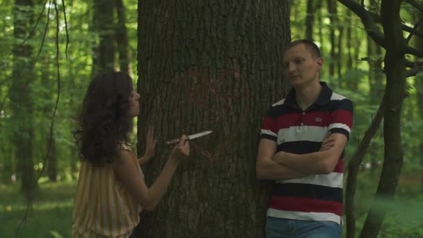 Close-up van een hart gesneden door jong stel verliefd op een boom. Groene bos achtergrond — Stockvideo