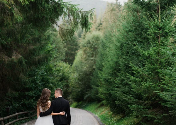 公園を歩いて手を取り合って幸せな新婚カップル — ストック写真