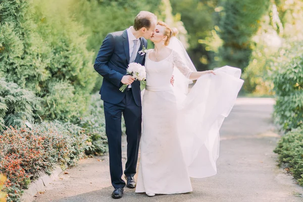 Элегантные невеста и жених мягко целуются на открытом воздухе в день свадьбы. Весенний парк — стоковое фото