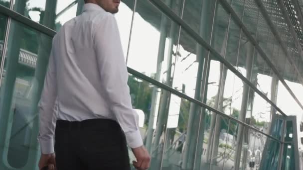 近代的な空港ターミナルガラス壁の背景にスーツケースを持つハンサムなビジネスマンの背面図。旅行男のコンセプト — ストック動画