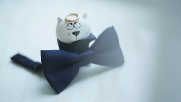 Close up of a adorable little kitten figurine dressed in dark blue bow tie and standing on windowsill — Stock Video