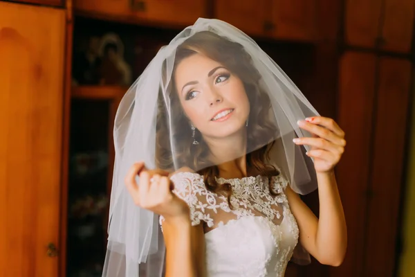 Close-up retrato de noiva bonita em vestido de noiva com um véu de luz — Fotografia de Stock