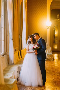 Çift pencere vintage ahşap iç arka plan üzerinde yakın poz gelinler