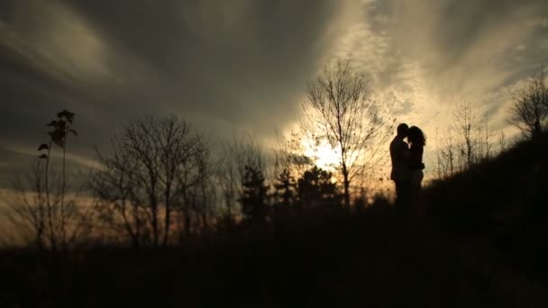 Silhouettes of beautiful passionate and romantic pair holding each other and kissing on background of sunset sky — Stock Video