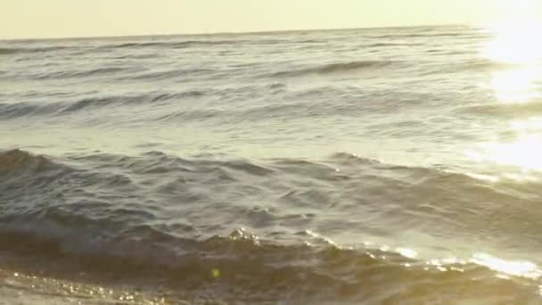 Ondas do mar lava praia de areia ao pôr do sol. Imagem de surf calmo — Vídeo de Stock