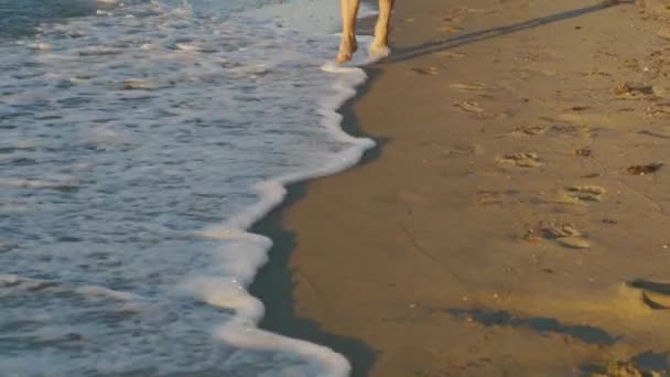 Close-up van mans benen loopt langs de kust van het strand — Stockvideo