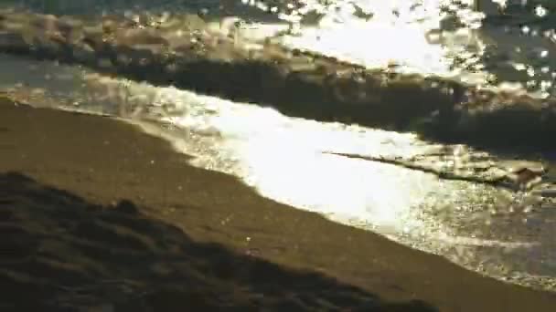 Las olas marinas lavan la playa de arena a las luces amarillas del atardecer. Calma surf imagen — Vídeos de Stock