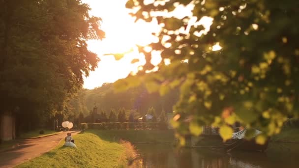 Vackra bröllopsparet med ballonger sitter på gräset på pittoreska gyllene höst park på sunset. Ögonblick av sann lycka — Stockvideo