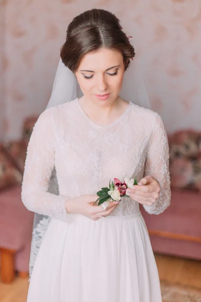 Beautiful innocent bride at home in white wedding dress, preparations concept. Portrait of tender girl in gown — Stock Photo, Image