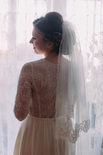 柔らかくスタイリッシュなブルネット花嫁は窓の近くのポーズします。背面図 — ストック写真