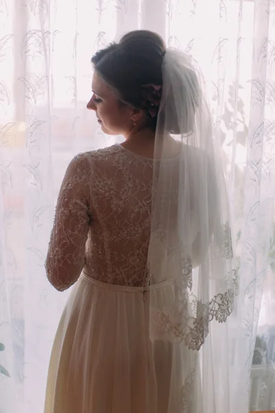 Tendre mariée brune élégante en robe de mariée avec de la dentelle riche posant près de la fenêtre. Vue arrière — Photo